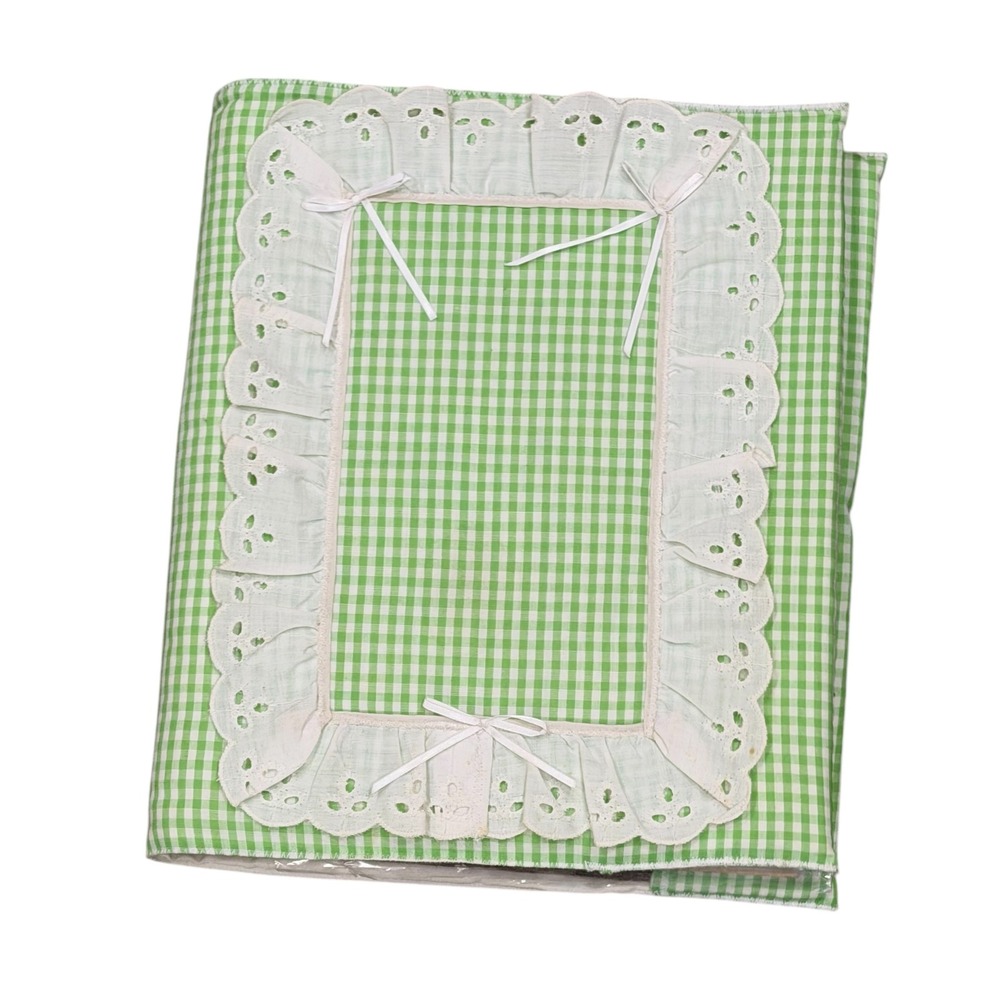 Vtg Cottagecore Photo Album Green Gingham Eyelet Lace Fabric Memory Scrapbook